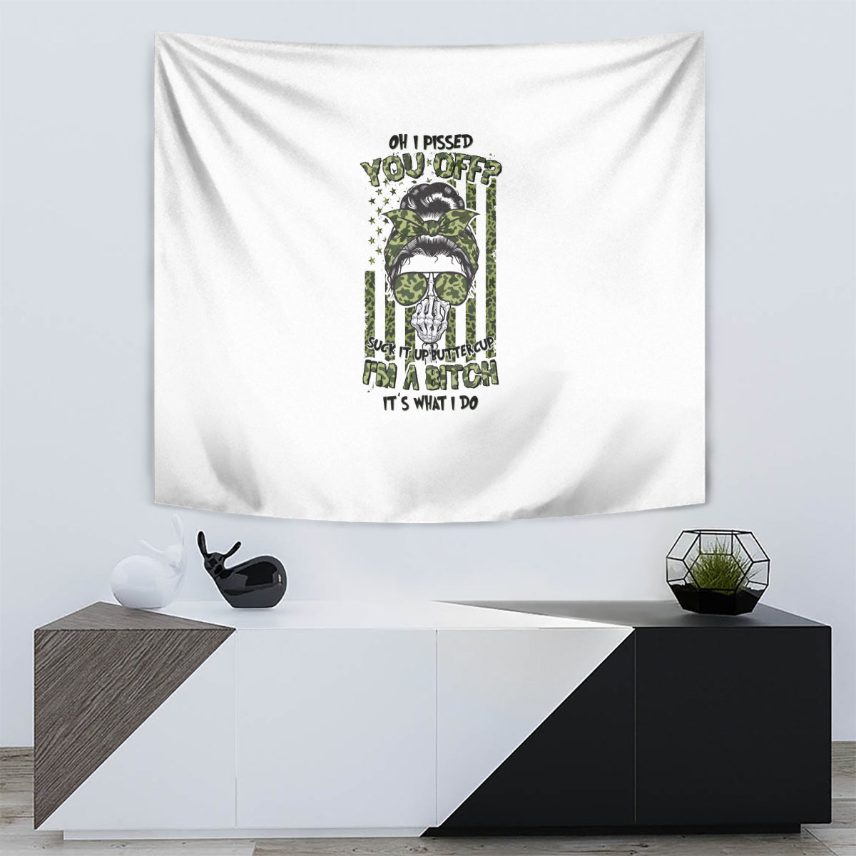 Rectangular wall tapestry, white with centered green sunglasses character graphic and quote