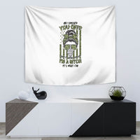Rectangular wall tapestry, white with centered green sunglasses character graphic and quote