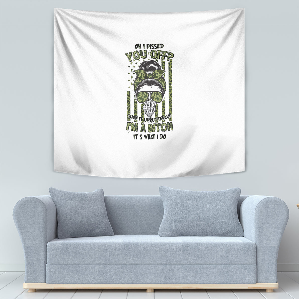 Rectangular wall tapestry with white fabric and green sunglasses character illustration