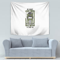 Rectangular wall tapestry with white fabric and green sunglasses character illustration