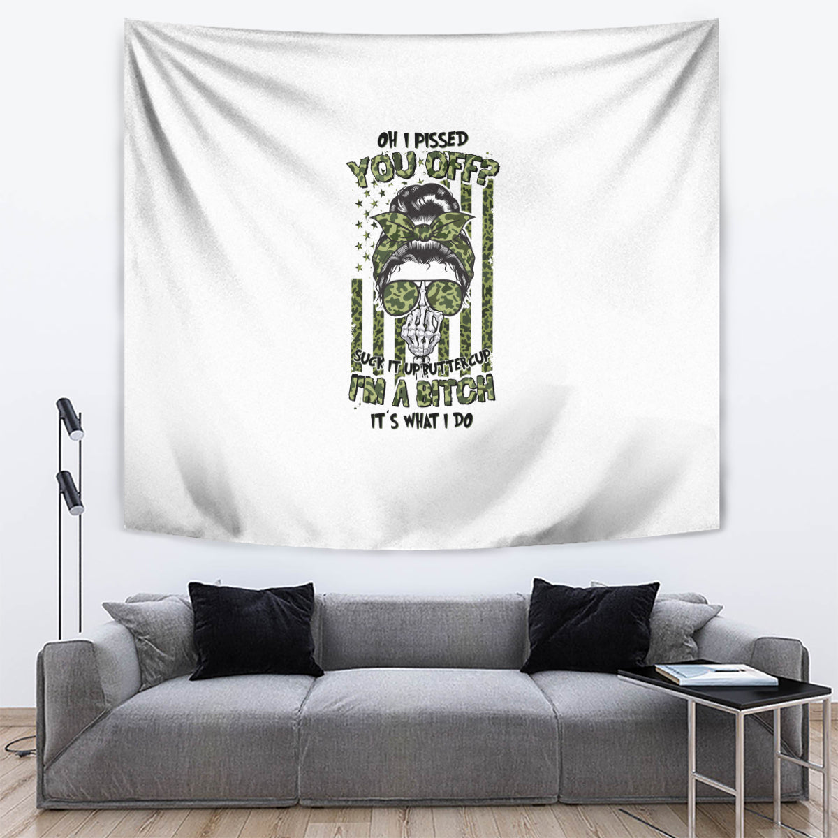Rectangular wall tapestry, white with green character graphic and bold quote text