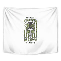 Rectangular wall tapestry, white with green cartoon character wearing sunglasses, text below