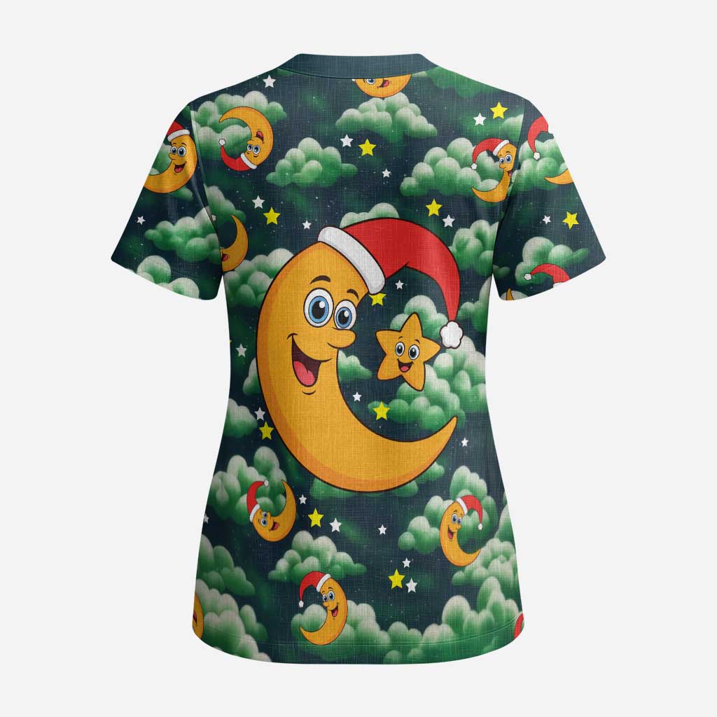 Christmas Moon and Star Scrub Top Xmas Holiday Patterns - Wonder Print Shop