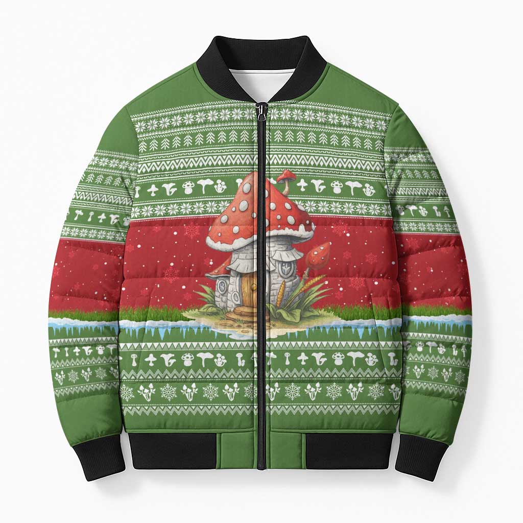 Christmas Mushroom House Bomber Puffer Jacket Xmas Holiday Patterns - Wonder Print Shop