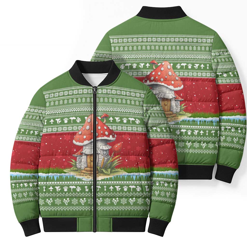 Christmas Mushroom House Bomber Puffer Jacket Xmas Holiday Patterns - Wonder Print Shop