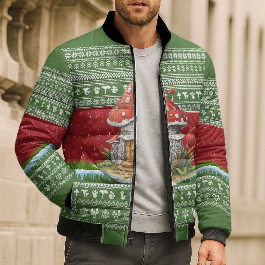 Christmas Mushroom House Bomber Puffer Jacket Xmas Holiday Patterns - Wonder Print Shop