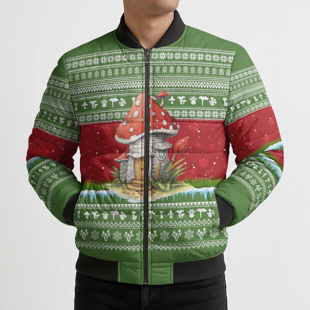 Christmas Mushroom House Bomber Puffer Jacket Xmas Holiday Patterns - Wonder Print Shop