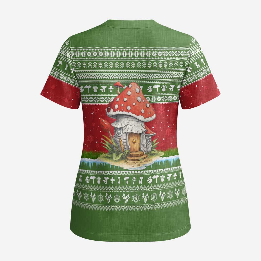 Christmas Mushroom House Scrub Top Xmas Holiday Patterns - Wonder Print Shop