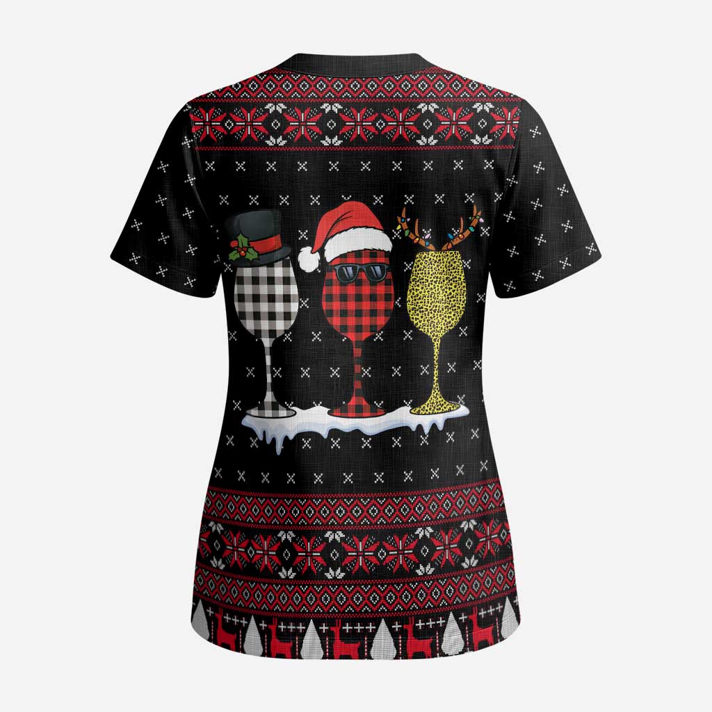 Santa Just Bring Wine Christmas Scrub Top Xmas Holiday Patterns - Wonder Print Shop