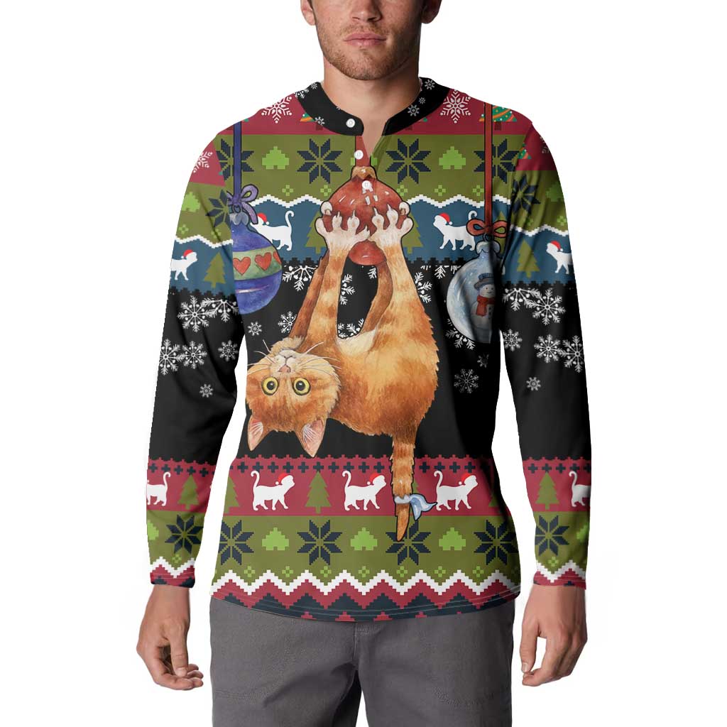 Cat Hanging on Xmas Tree Christmas Button Sweatshirt Xmas Holiday Patterns - Wonder Print Shop
