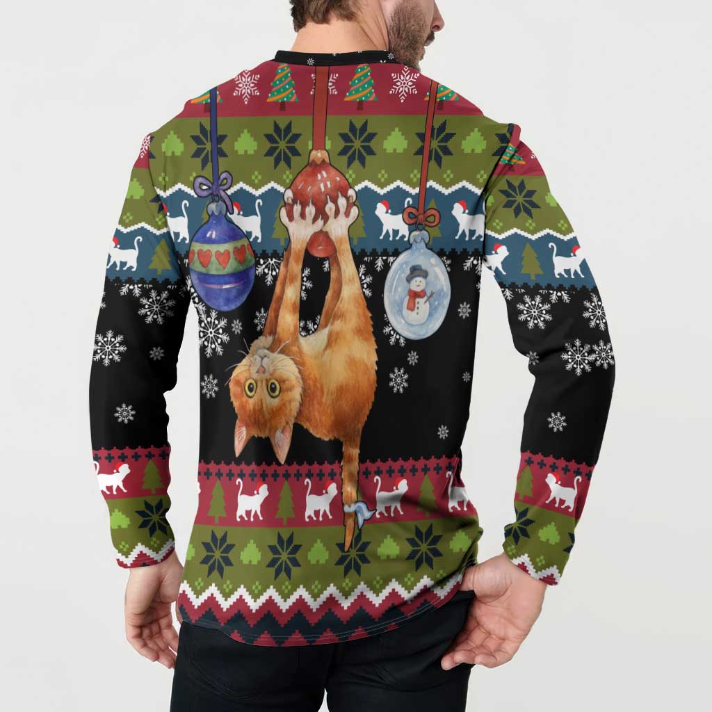 Cat Hanging on Xmas Tree Christmas Button Sweatshirt Xmas Holiday Patterns - Wonder Print Shop