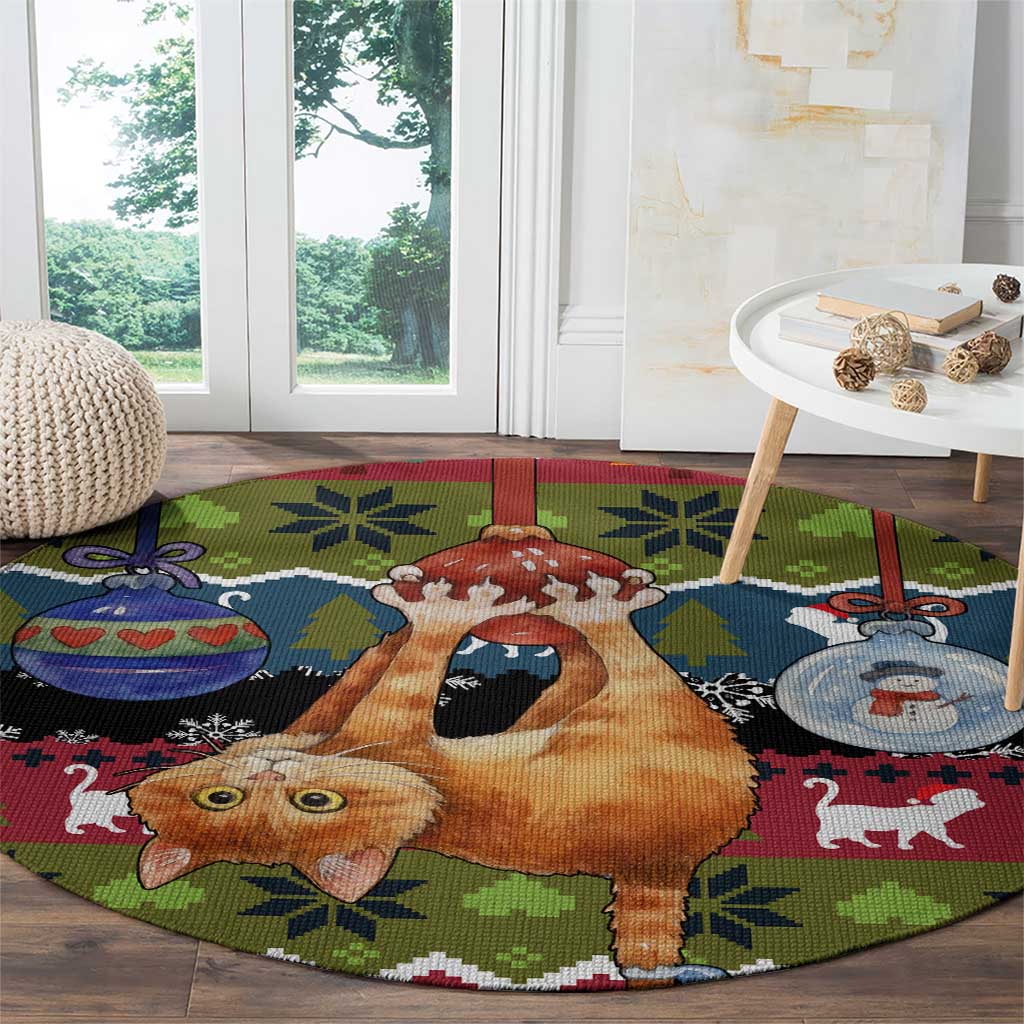 Cat Hanging on Xmas Tree Christmas Round Carpet Xmas Holiday Patterns - Wonder Print Shop