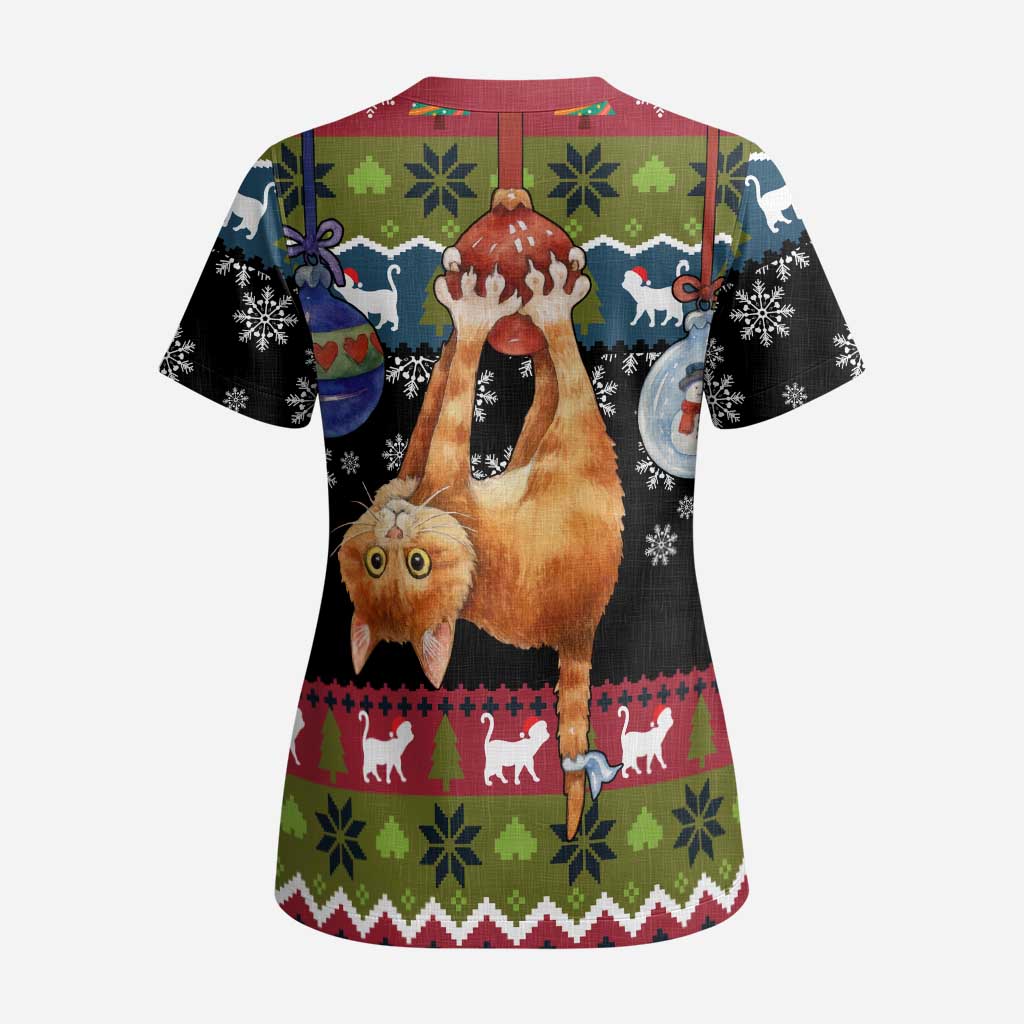 Cat Hanging on Xmas Tree Christmas Scrub Top Xmas Holiday Patterns - Wonder Print Shop