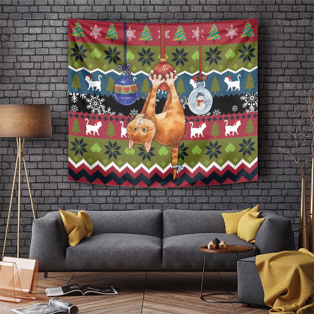 Cat Hanging on Xmas Tree Christmas Tapestry Xmas Holiday Patterns - Wonder Print Shop