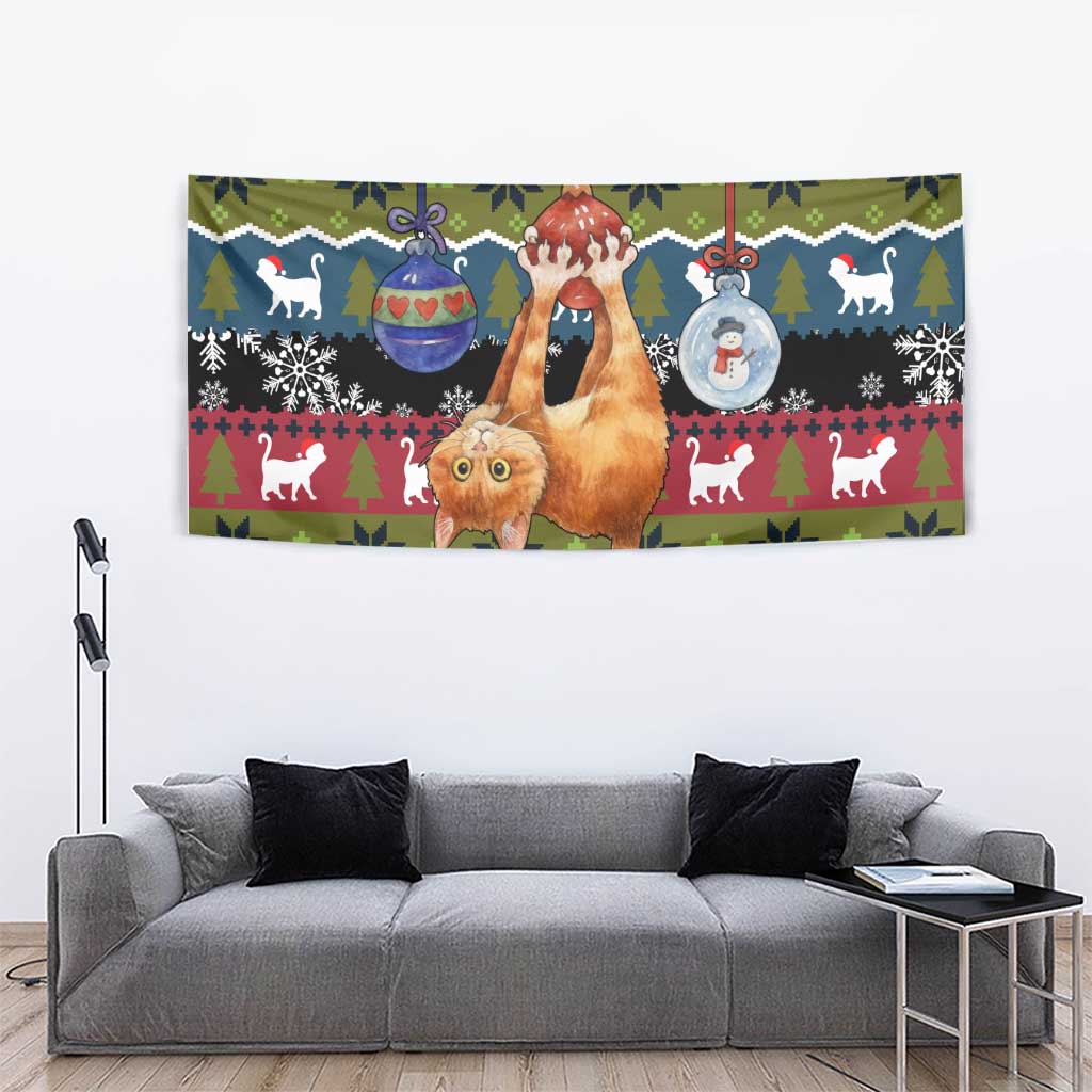 Cat Hanging on Xmas Tree Christmas Tapestry Xmas Holiday Patterns - Wonder Print Shop