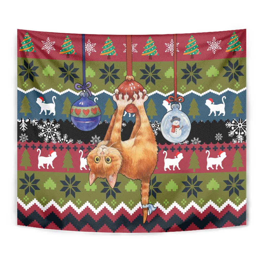 Cat Hanging on Xmas Tree Christmas Tapestry Xmas Holiday Patterns - Wonder Print Shop