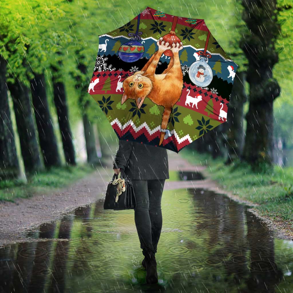 Cat Hanging on Xmas Tree Christmas Umbrella Xmas Holiday Patterns - Wonder Print Shop