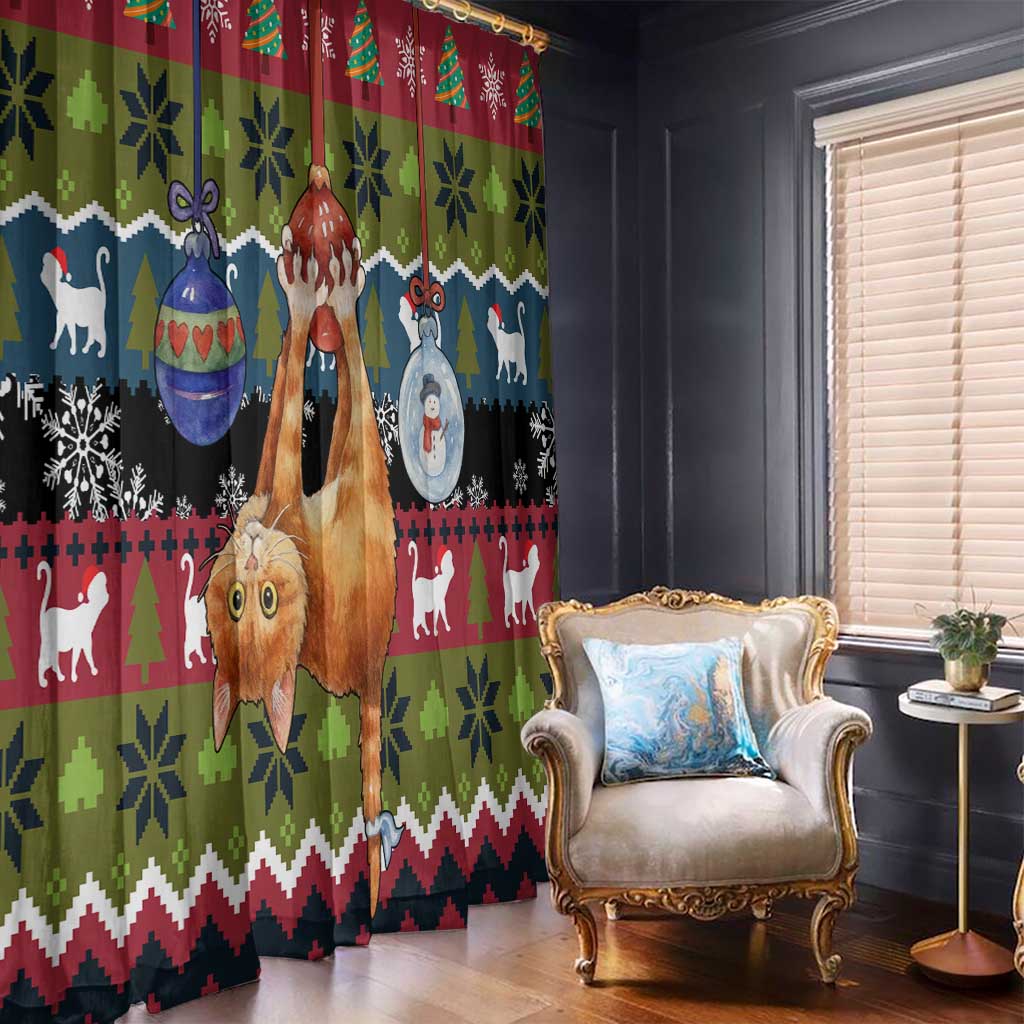Cat Hanging on Xmas Tree Christmas Window Curtain Xmas Holiday Patterns - Wonder Print Shop
