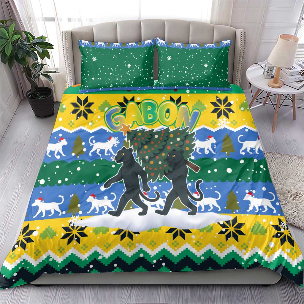 Gabon Christmas Bedding Set with Black Panthers Carrying Tree and Green Yellow Snowflake Pattern - Wonder Print Shop