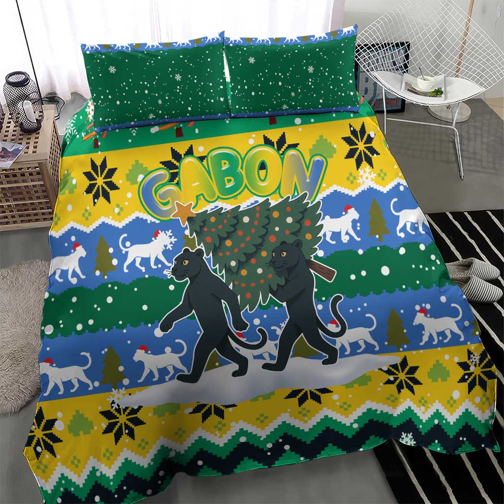 Gabon Christmas Bedding Set with Black Panthers Carrying Tree and Green Yellow Snowflake Pattern - Wonder Print Shop