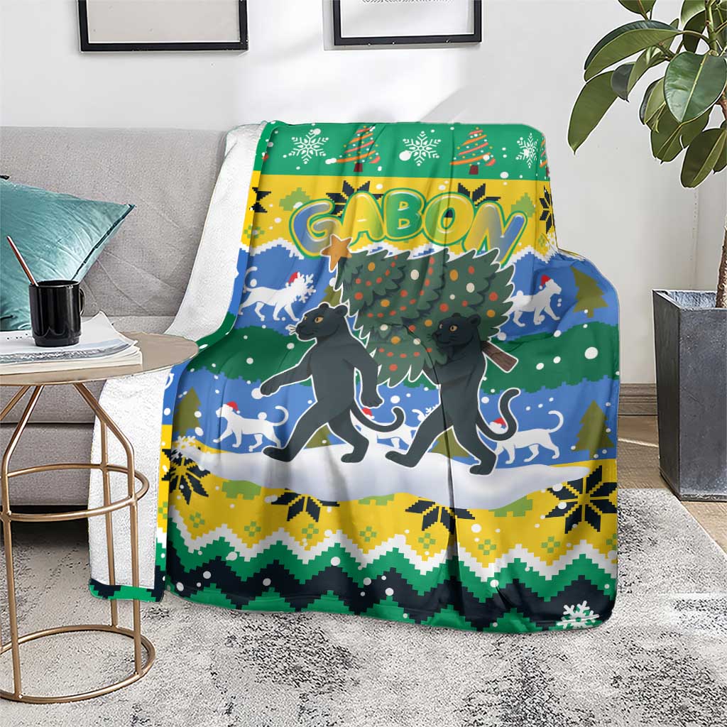 Gabon Christmas Blanket with Black Panthers Carrying Tree and Green Yellow Snowflake Pattern - Wonder Print Shop