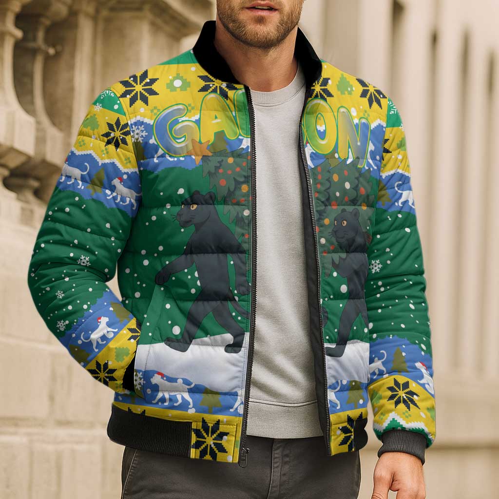 Gabon Christmas Bomber Puffer Jacket with Black Panthers Carrying Tree and Green Yellow Snowflake Pattern - Wonder Print Shop