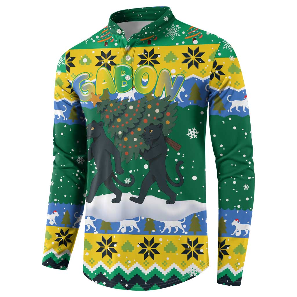 Gabon Christmas Button Sweatshirt with Black Panthers Carrying Tree and Green Yellow Snowflake Pattern - Wonder Print Shop