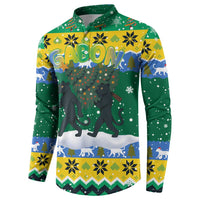 Gabon Christmas Button Sweatshirt with Black Panthers Carrying Tree and Green Yellow Snowflake Pattern - Wonder Print Shop