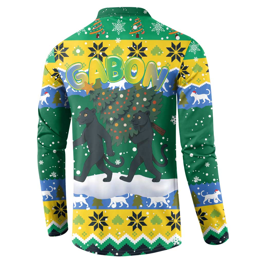 Gabon Christmas Button Sweatshirt with Black Panthers Carrying Tree and Green Yellow Snowflake Pattern - Wonder Print Shop