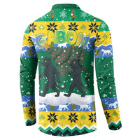 Gabon Christmas Button Sweatshirt with Black Panthers Carrying Tree and Green Yellow Snowflake Pattern - Wonder Print Shop
