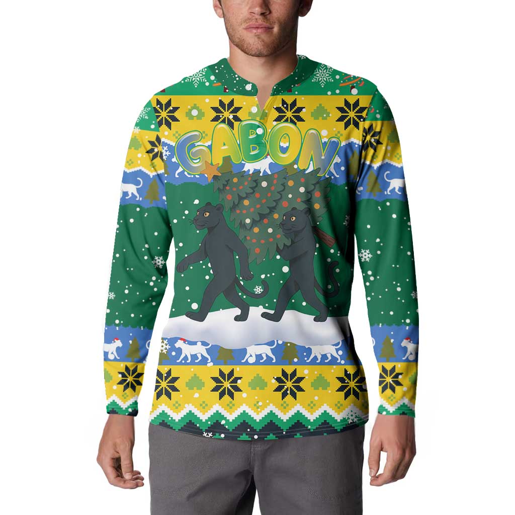 Gabon Christmas Button Sweatshirt with Black Panthers Carrying Tree and Green Yellow Snowflake Pattern - Wonder Print Shop