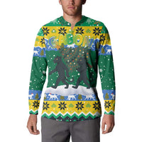 Gabon Christmas Button Sweatshirt with Black Panthers Carrying Tree and Green Yellow Snowflake Pattern - Wonder Print Shop