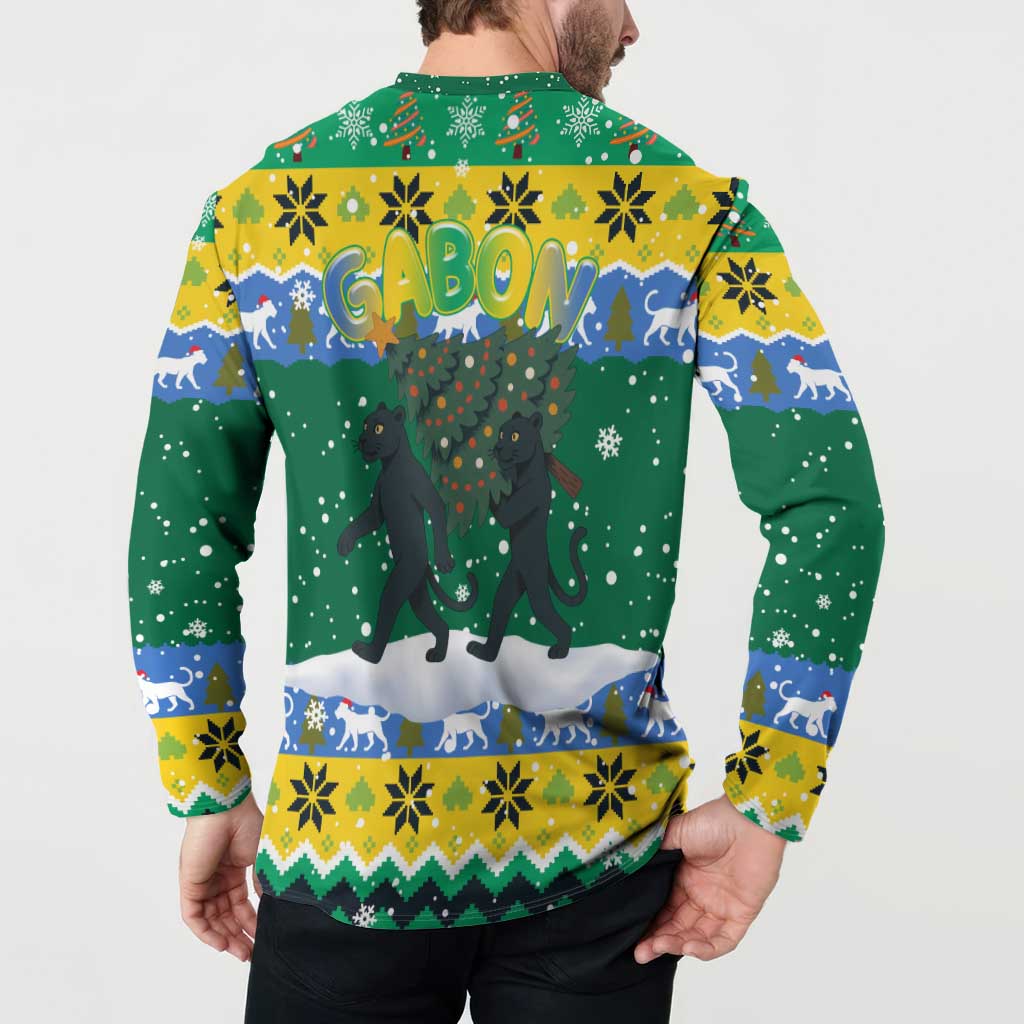 Gabon Christmas Button Sweatshirt with Black Panthers Carrying Tree and Green Yellow Snowflake Pattern - Wonder Print Shop