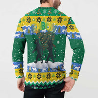 Gabon Christmas Button Sweatshirt with Black Panthers Carrying Tree and Green Yellow Snowflake Pattern - Wonder Print Shop