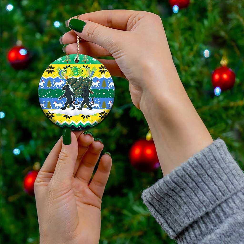 Gabon Christmas Ceramic Ornament with Black Panthers Carrying Tree and Green Yellow Snowflake Pattern - Wonder Print Shop