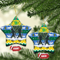 Gabon Christmas Ceramic Ornament with Black Panthers Carrying Tree and Green Yellow Snowflake Pattern - Wonder Print Shop