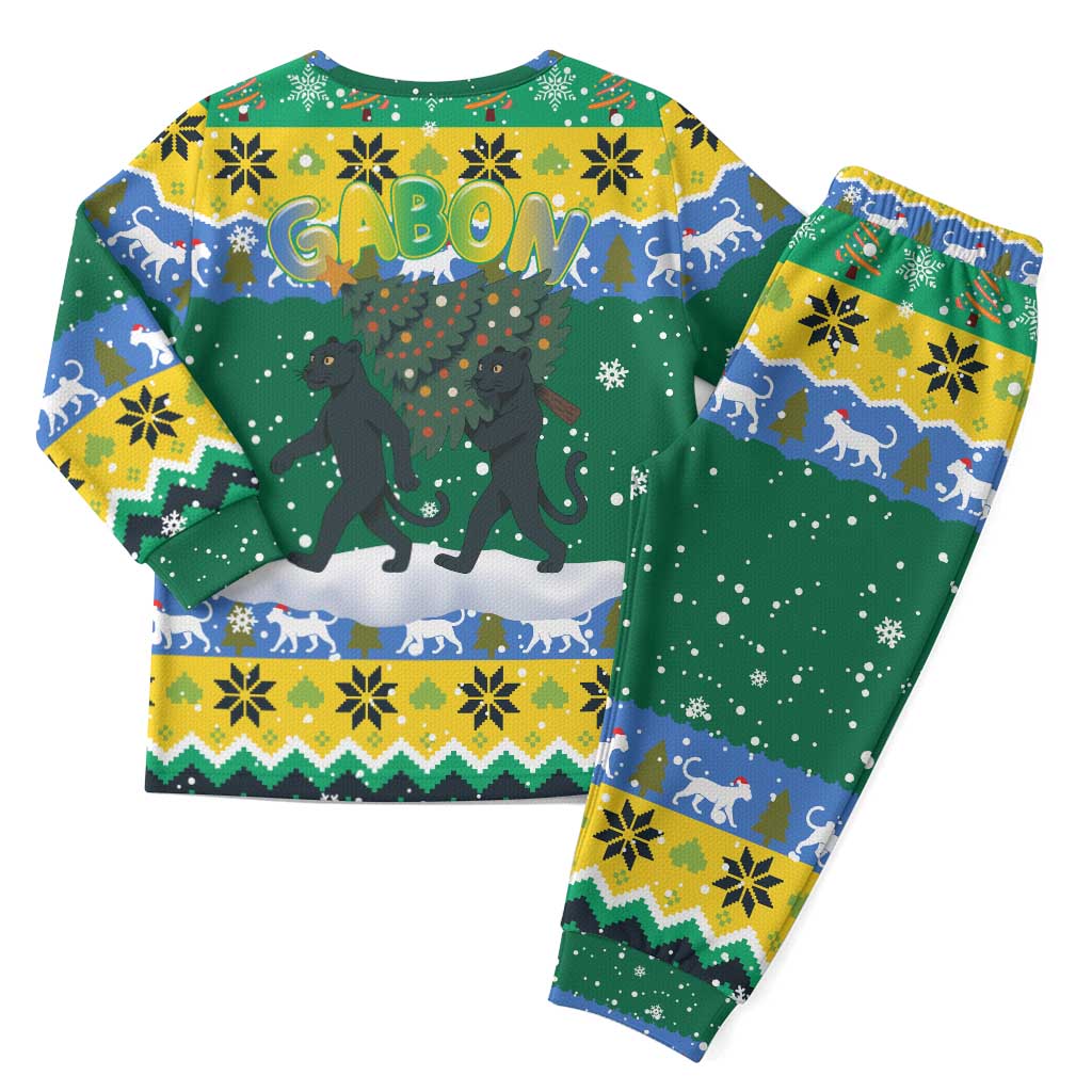 Gabon Christmas Pajama Set with Black Panthers Carrying Tree and Green Yellow Snowflake Pattern - Wonder Print Shop