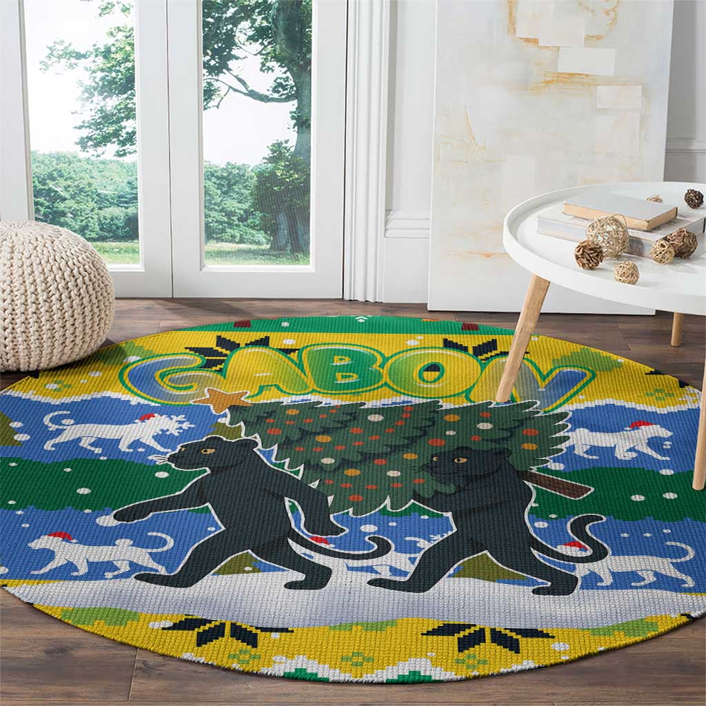 Gabon Christmas Round Carpet with Black Panthers Carrying Tree and Green Yellow Snowflake Pattern - Wonder Print Shop