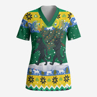 Gabon Christmas Scrub Top with Black Panthers Carrying Tree and Green Yellow Snowflake Pattern - Wonder Print Shop