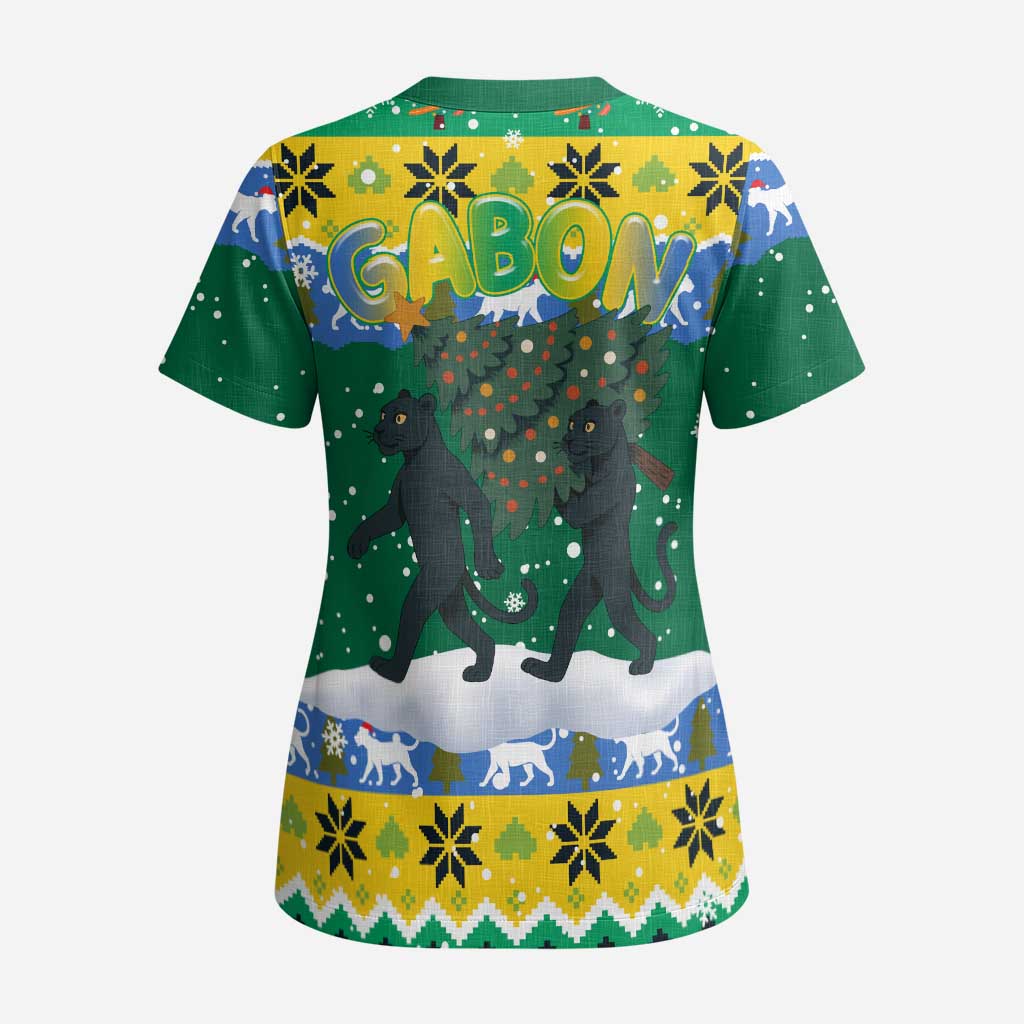Gabon Christmas Scrub Top with Black Panthers Carrying Tree and Green Yellow Snowflake Pattern - Wonder Print Shop