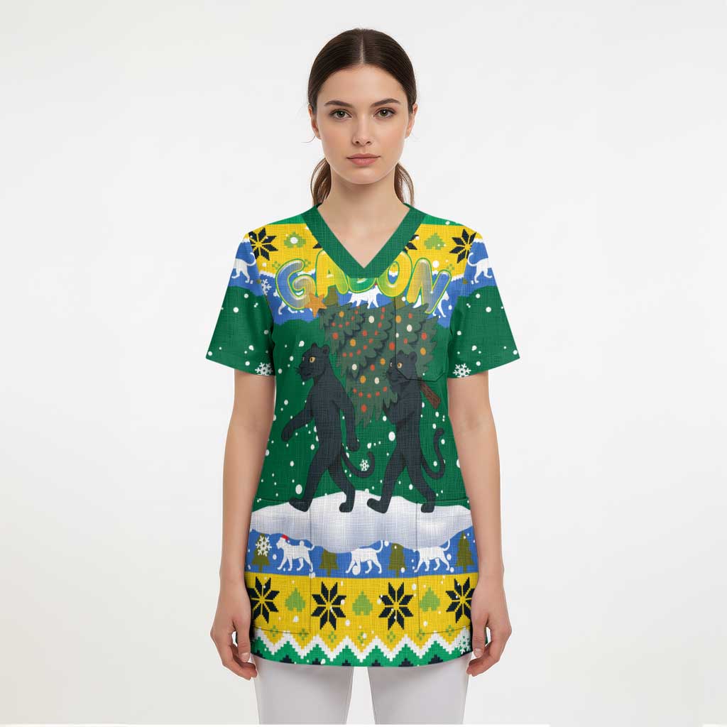 Gabon Christmas Scrub Top with Black Panthers Carrying Tree and Green Yellow Snowflake Pattern - Wonder Print Shop