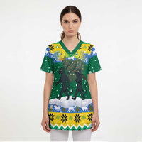 Gabon Christmas Scrub Top with Black Panthers Carrying Tree and Green Yellow Snowflake Pattern - Wonder Print Shop