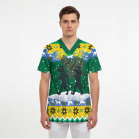 Gabon Christmas Scrub Top with Black Panthers Carrying Tree and Green Yellow Snowflake Pattern - Wonder Print Shop