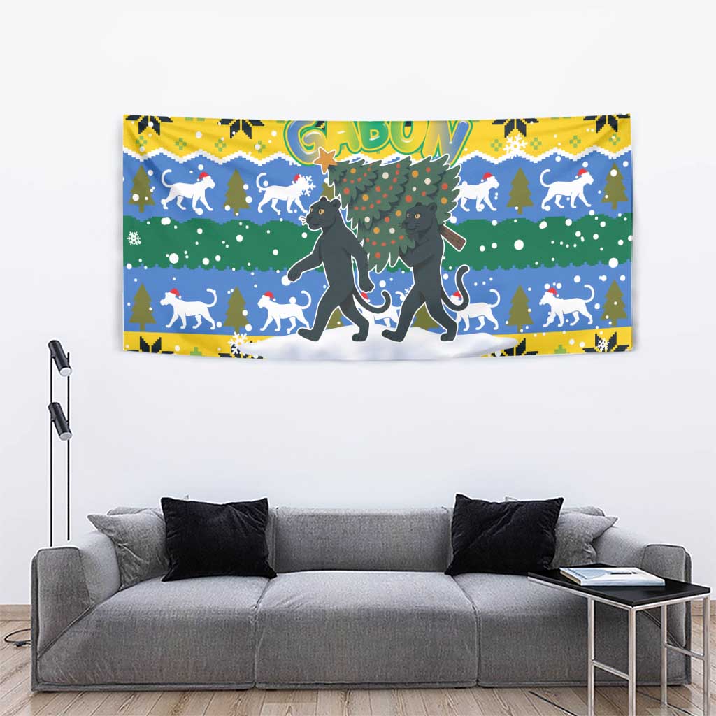 Gabon Christmas Tapestry with Black Panthers Carrying Tree and Green Yellow Snowflake Pattern - Wonder Print Shop
