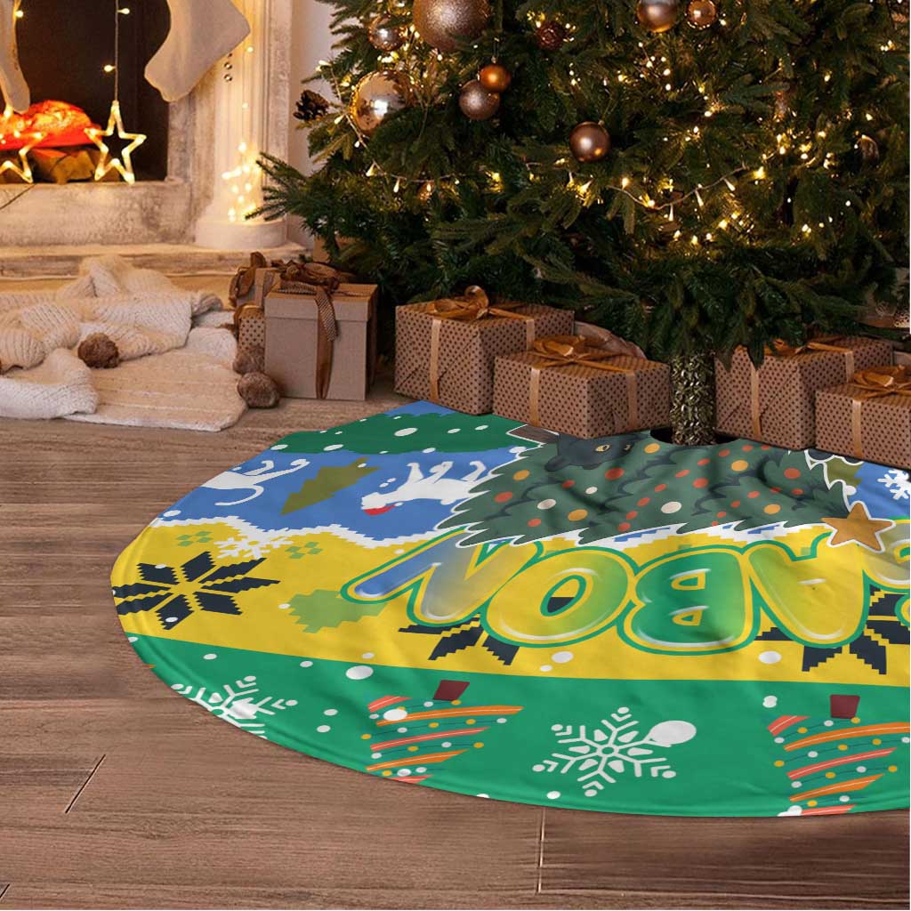 Gabon Christmas Tree Skirt with Black Panthers Carrying Tree and Green Yellow Snowflake Pattern - Wonder Print Shop