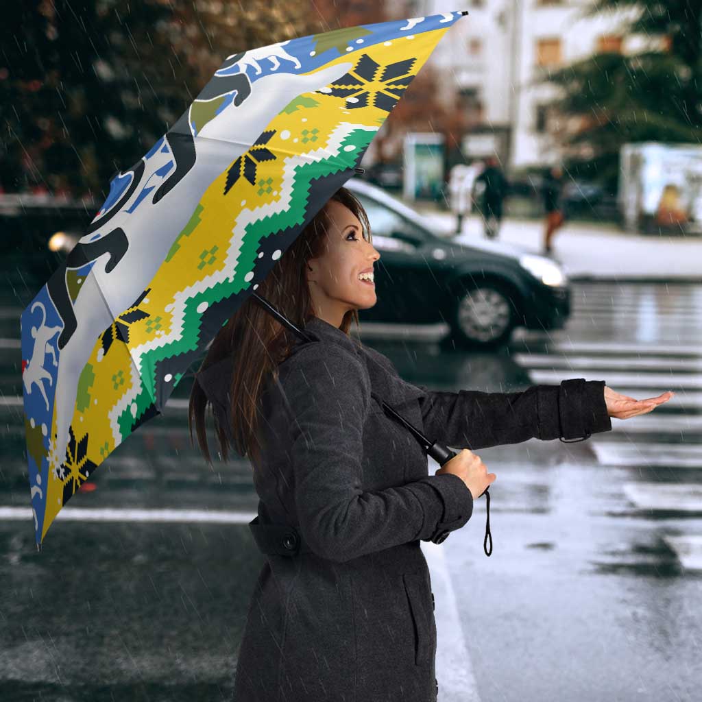 Gabon Christmas Umbrella with Black Panthers Carrying Tree and Green Yellow Snowflake Pattern - Wonder Print Shop
