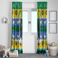 Gabon Christmas Window Curtain with Black Panthers Carrying Tree and Green Yellow Snowflake Pattern - Wonder Print Shop