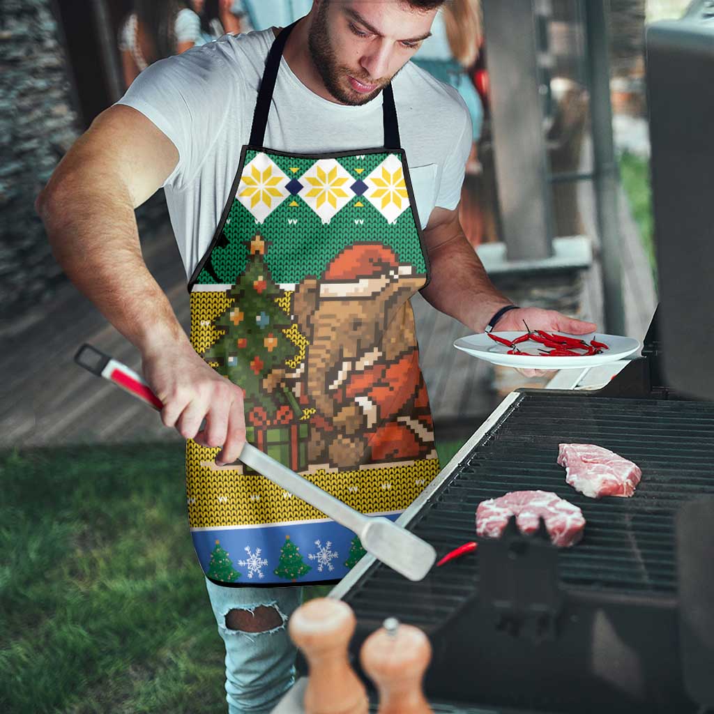 Gabon Christmas Apron with Pixel Art Elephant Santa Christmas Tree and Flag Colors Pattern - Wonder Print Shop