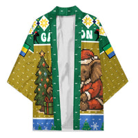Gabon Christmas Kimono with Pixel Art Elephant Santa Christmas Tree and Flag Colors Pattern - Wonder Print Shop