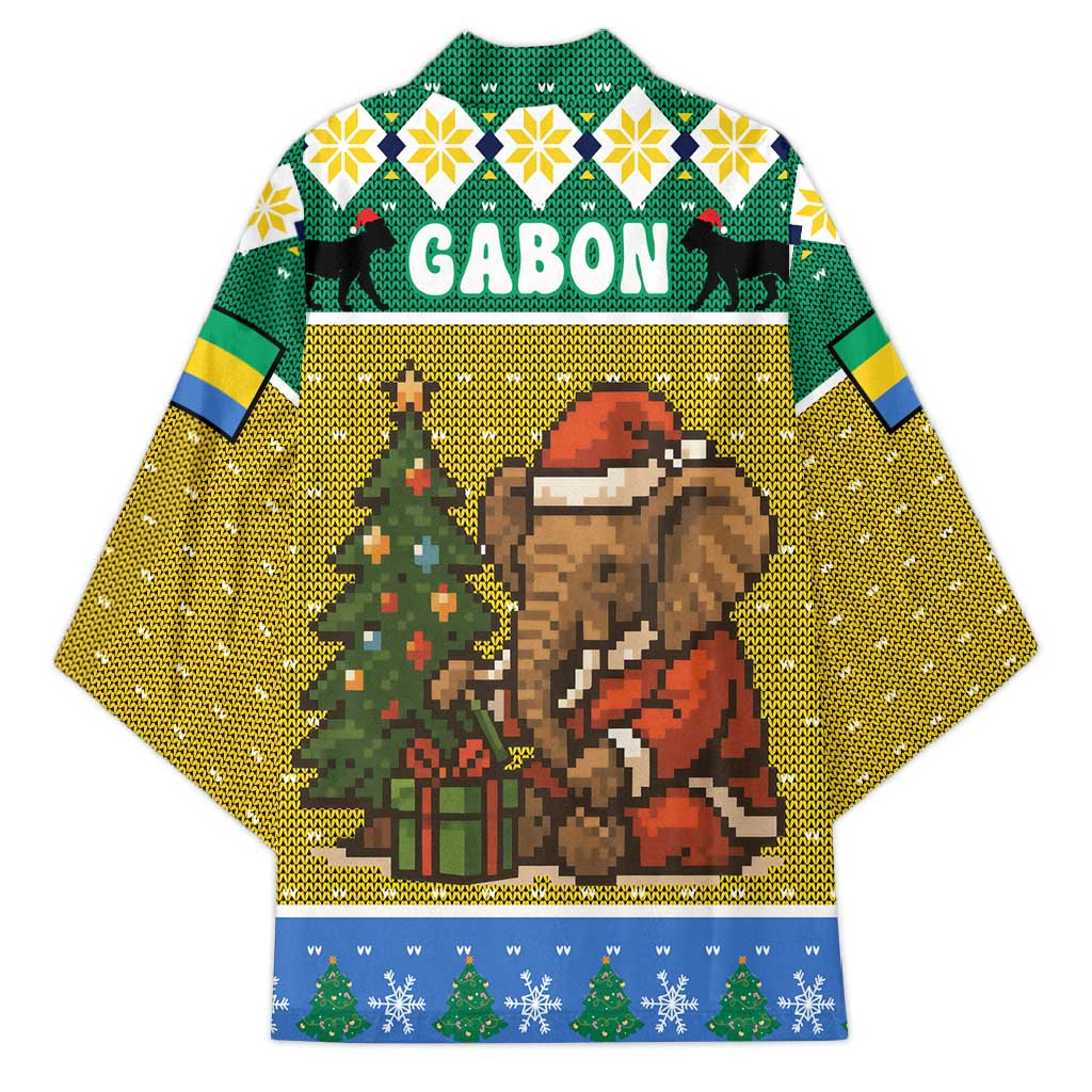 Gabon Christmas Kimono with Pixel Art Elephant Santa Christmas Tree and Flag Colors Pattern - Wonder Print Shop